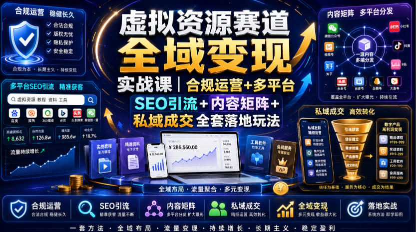 虚拟资源赛道全域变现实战课｜合规运营+多平台SEO引流+内容矩阵+私域成交全套落地玩法-齐力副业