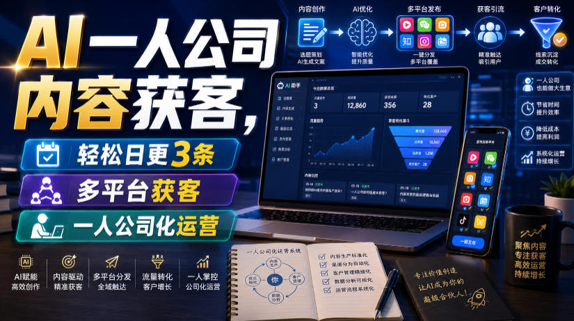 AI一人公司内容获客,轻松日更3条,多平台获客,一人公司化运营-齐力副业