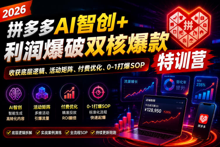 2026拼多多AI智创+利润爆破双核爆款特训营，收获底层逻辑、活动矩阵、付费优化、0-1打爆SOP-齐力副业