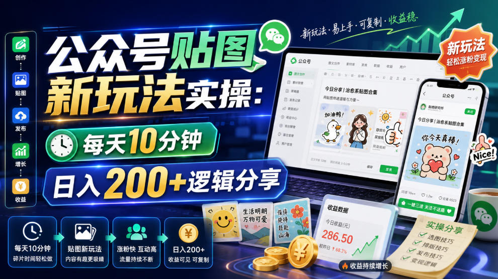 公众号贴图新玩法实操，每天10分钟，日入200+逻辑分享-齐力副业