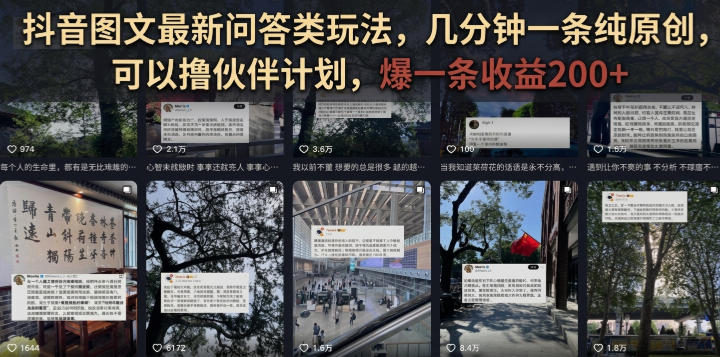 抖音图文最新问答类玩法,几分钟一条纯原创,可以撸伙伴计划,爆一条收益200+-齐力副业