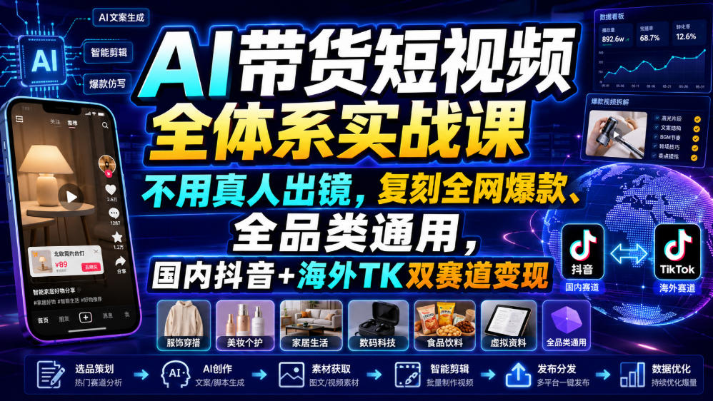AI带货短视频全体系实战课,不用真人出镜,复刻全网爆款、全品类通用,国内抖音+海外TK双赛道变现插图 AI带货短视频全体系实战课,不用真人出镜,复刻全网爆款、全品类通用,国内抖音+海外TK双赛道变现插图