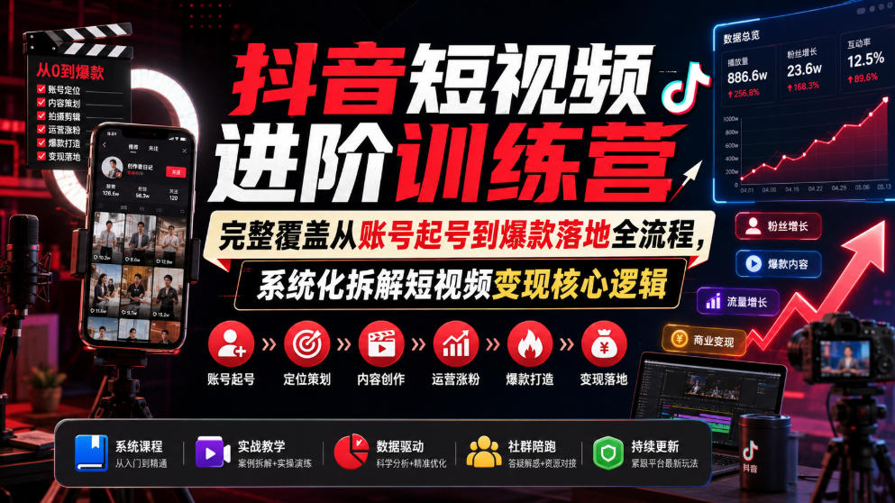 抖音短视频进阶训练营,完整覆盖从账号起号到爆款落地全流程,系统化拆解短视频变现核心逻辑-齐力副业
