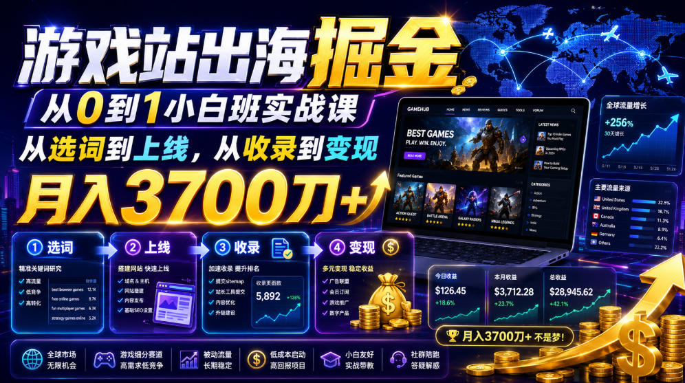 游戏站出海掘金从0到1小白实战课，从选词到上线，从收录到变现，月入3700刀+-齐力副业