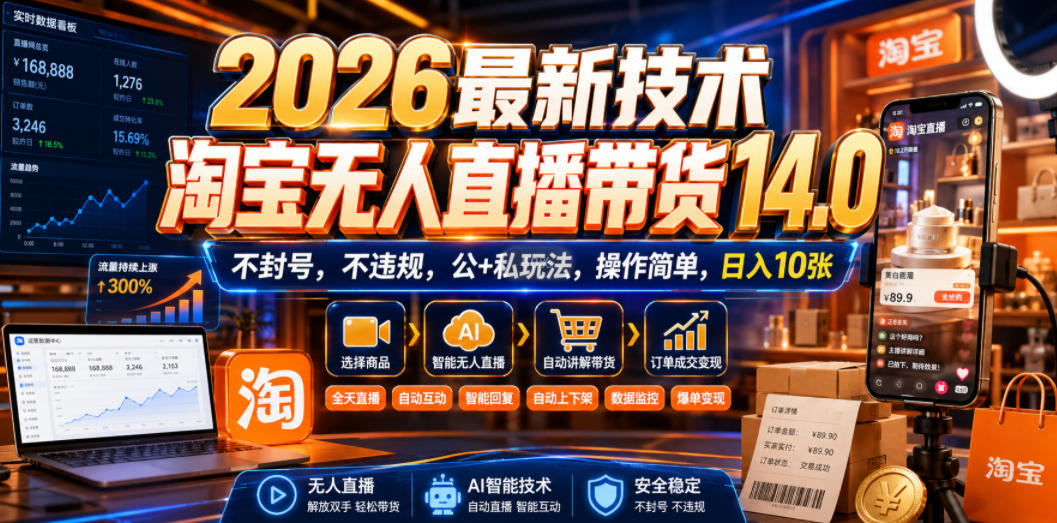 2026最新技术,淘宝无人直播带货14.0,不封号,不违规,公+私玩法,操作简单,日入10张【揭秘】-齐力副业