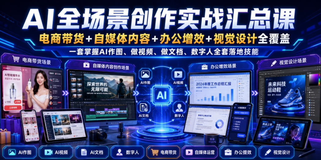 AI全场景创作实战汇总课|电商带货+自媒体内容+办公增效+视觉设计全覆盖,一套掌握AI作图、做视频、做文档、数字人全套落地技能-齐力副业