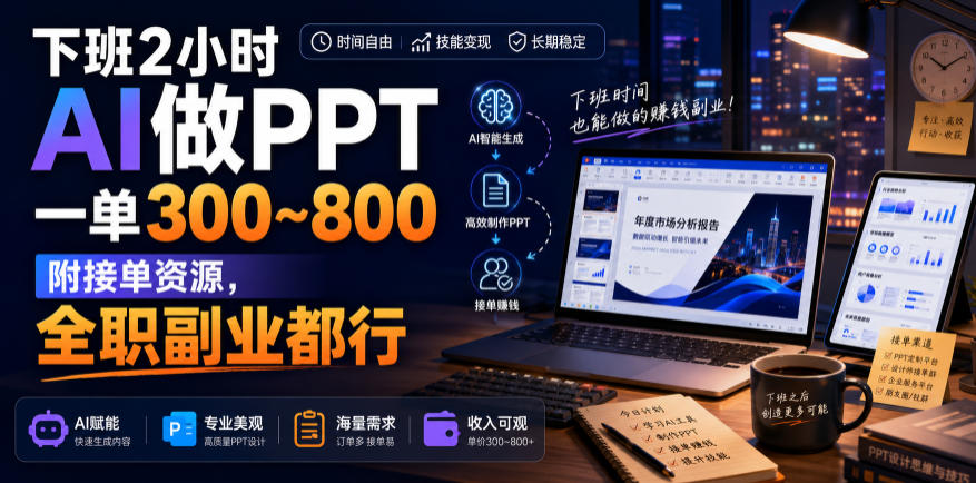下班2小时AI做PPT,一单300~800,附接单资源,全职副业都行【揭秘】-齐力副业