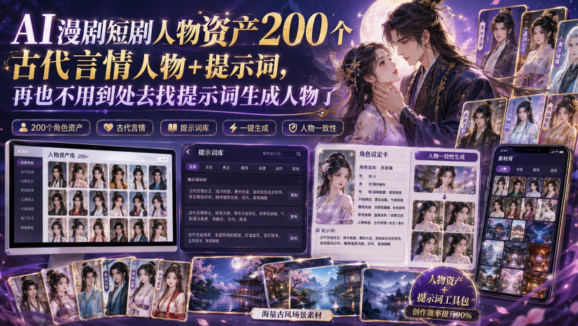 AI漫剧短剧人物资产200个古代言情人物+提示词,再也不用到处去找提示词生成人物了-齐力副业