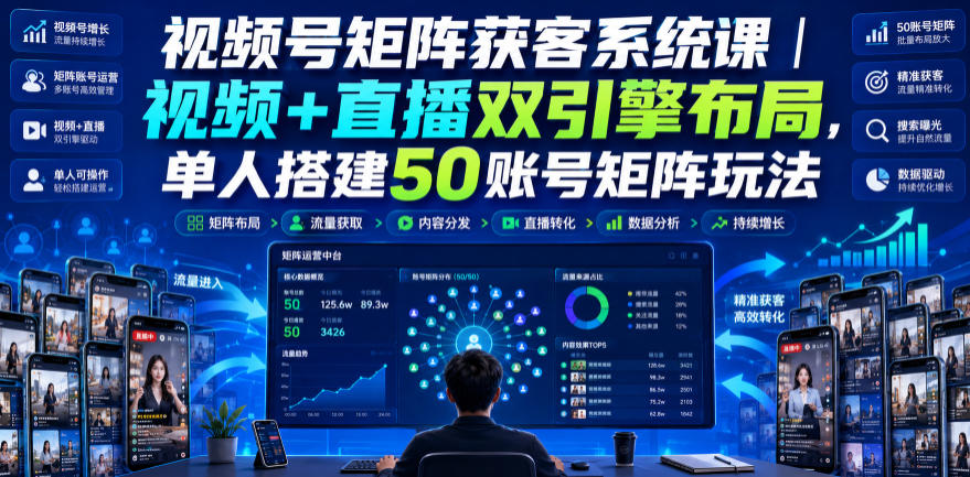 视频号矩阵获客系统课｜视频+直播双引擎布局，单人搭建50账号矩阵玩法，流量入池、搜索占位、全域引流沉淀私域全流程教学-齐力副业