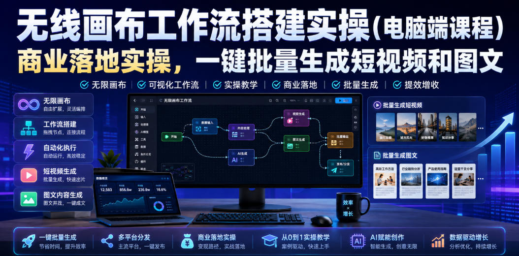 无线画布工作流搭建实操(电脑端课程),商业落地实操,一键批量生成短视频和图文-齐力副业