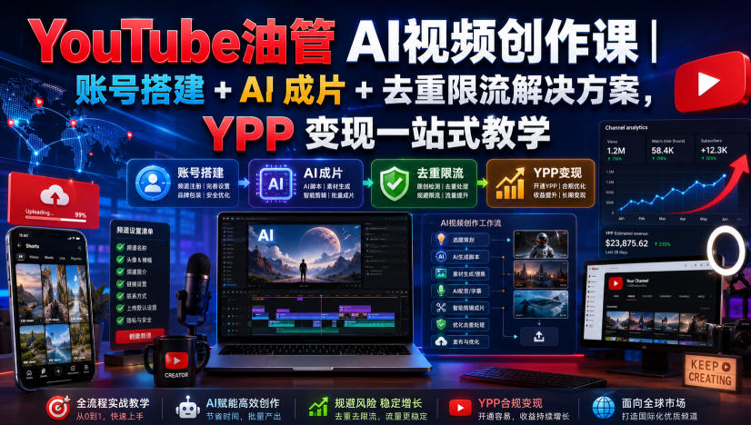 YouTube油管AI视频创作课|账号搭建+AI成片+去重限流解决方案,YPP变现一站式教学-齐力副业