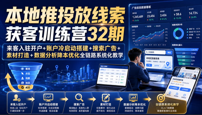 本地推投放线索获客训练营32期|来客入驻开户+账户冷启动搭建+搜索广告+素材打造+数据分析降本优化全链路系统化教学(8月全新课程)-齐力副业