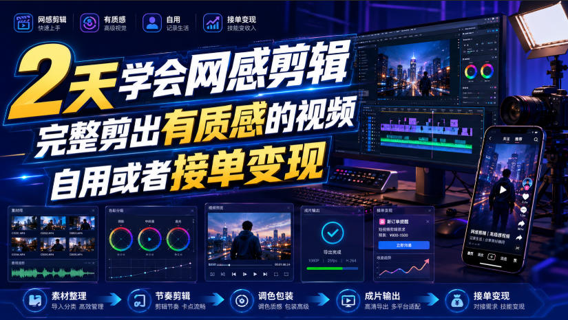 2天学会网感剪辑，完整剪出有质感的视频，自用或者接单变现-齐力副业