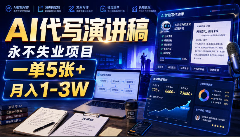 AI代写演讲稿，永不失业项目，一单5张+，月入1-3W【揭秘】-齐力副业