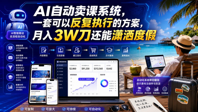 AI自动卖课系统,一套可以反复执行的方案,月入3W刀还能潇洒度假【原创双语字幕】-齐力副业