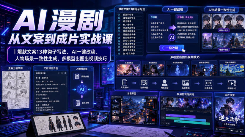 AI漫剧从文案到成片实战课|爆款文案13种钩子写法、AI一键改稿、人物场景一致性生成、多模型出图出视频技巧-齐力副业