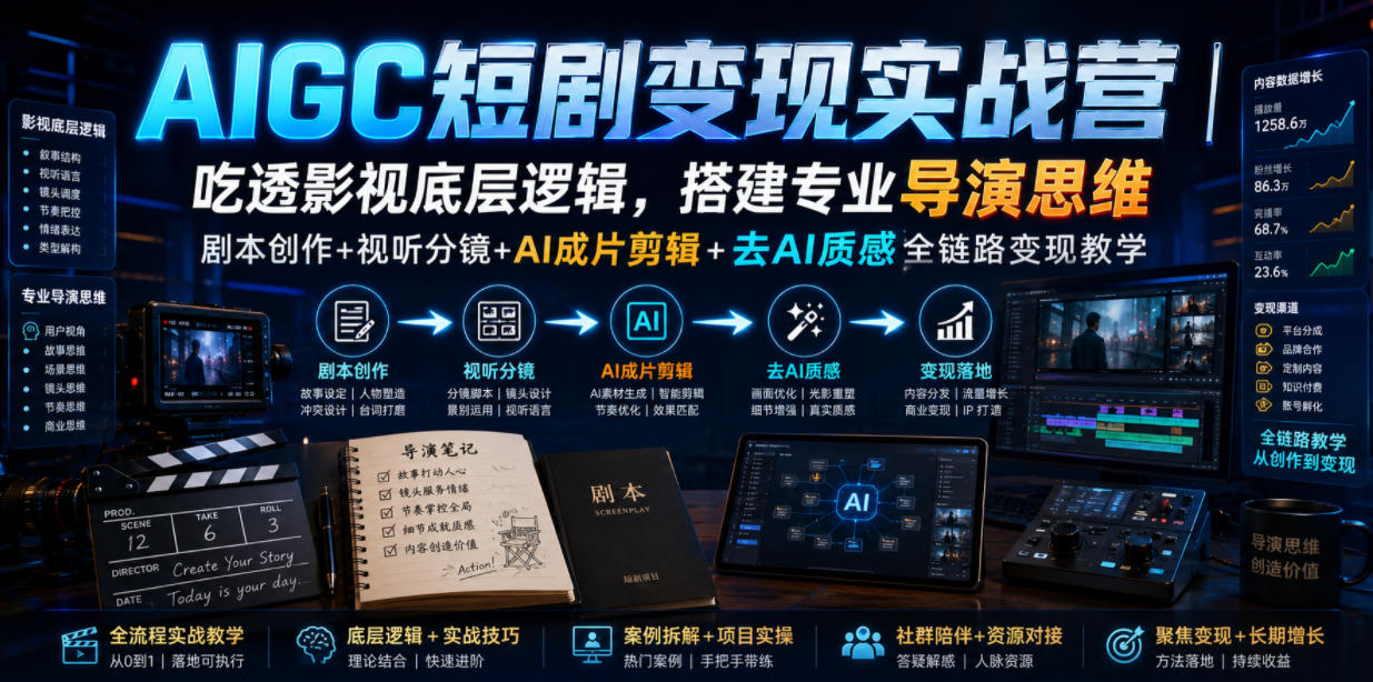 AIGC短剧变现实战营｜吃透影视底层逻辑，搭建专业导演思维，剧本创作+视听分镜+AI成片剪辑+去AI质感全链路变现教学-齐力副业