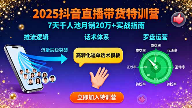 （15958期）2025抖音直播带货特训：推流逻辑、话术体系、罗盘运营,7天千人池月销20万+-齐力副业
