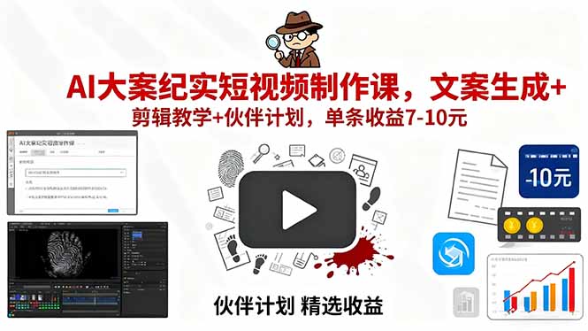 （15992期）AI大案纪实短视频制作课，文案生成+剪辑教学+伙伴计划，单条收益7-10元-齐力副业