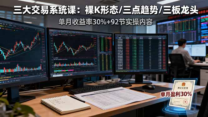 （16269期）三大交易系统课：裸K形态/三点趋势/三板体系，单月收益率30%+92节实操内容-齐力副业