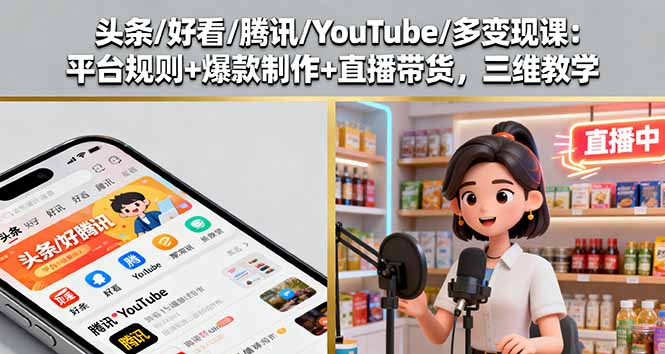 （16147期）头条/好看/腾讯/YouTube/多变现课：平台规则+爆款制作+直播带货，三维教学-齐力副业