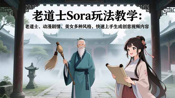（16862期）老道士Sora玩法教学：老道士、动漫剧情、美女多种风格，快速上手生成创意视频内容-齐力副业