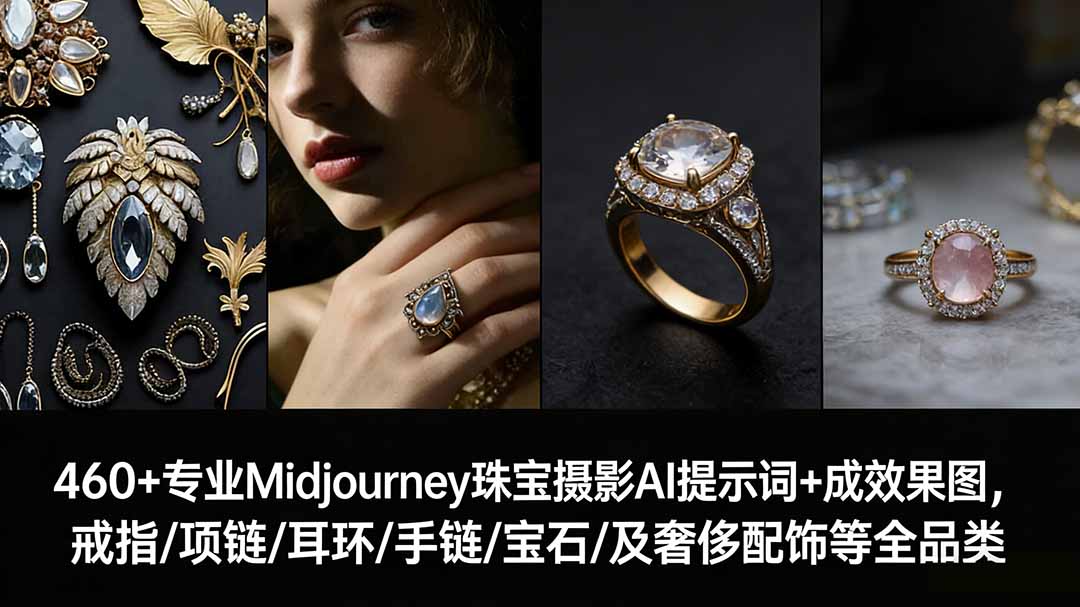 （17272期）460+专业Midjourney珠宝摄影AI提示词+成效果图，戒指/项链/耳环/手链/宝石/及奢侈配饰等全品类-齐力副业