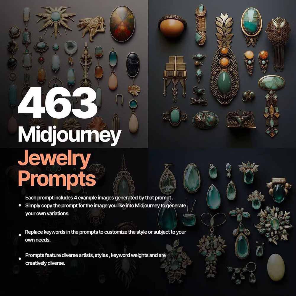 （17272期）460+专业Midjourney珠宝摄影AI提示词+成效果图，戒指/项链/耳环/手链/宝石/及奢侈配饰等全品类插图2