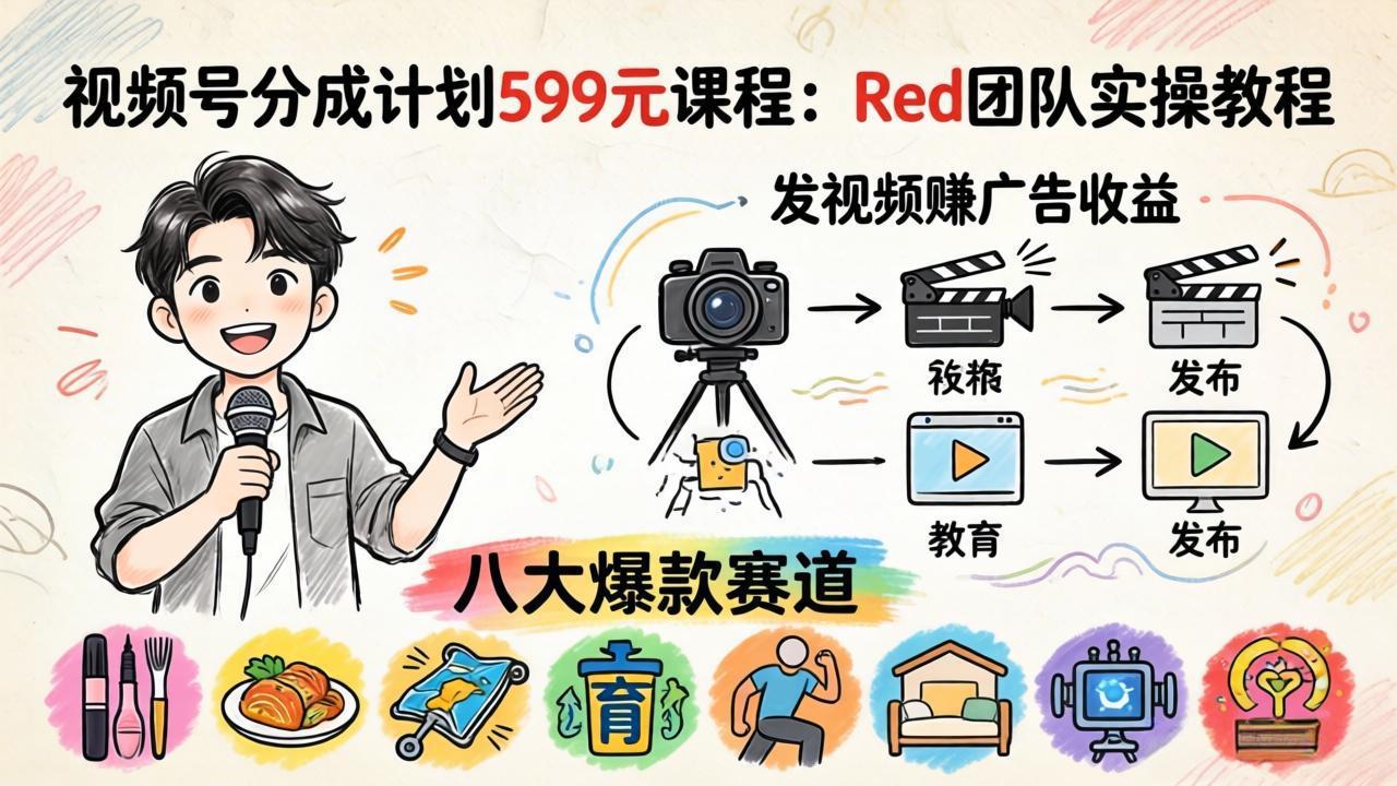 （18088期）视频号分成计划599元课程：Red团队实操教程，发视频赚广告收益，八大爆款赛道全掌握-齐力副业