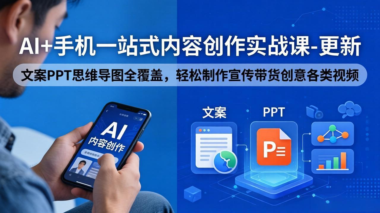 （18204期）AI+手机一站式内容创作实战课-更新，文案PPT思维导图全覆盖，轻松制作宣传带货创意各类视频-齐力副业
