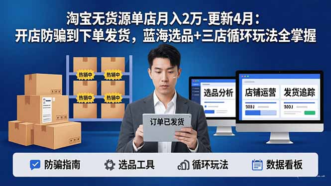 （18188期）淘宝无货源5.0单店月入2万-更新4月：开店防骗到下单发货，蓝海选品+三店循环玩法全掌握-齐力副业