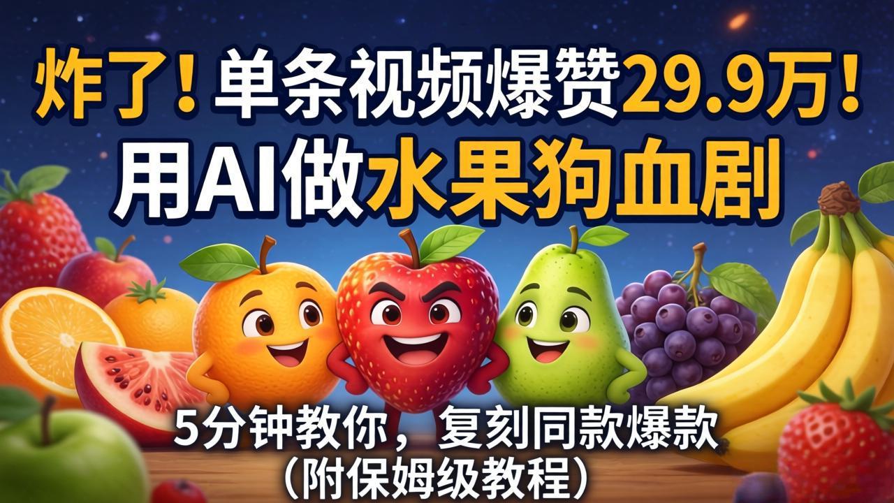 （18206期）炸了！单条视频爆赞 29.9 万！用 AI 做水果狗血剧，5 分钟教你，复刻同款爆款（附保姆级教程）-齐力副业