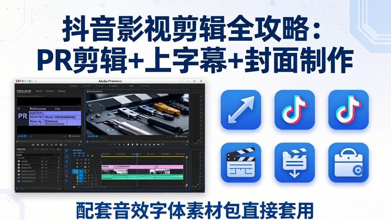 （17868期）抖音影视剪辑全攻略：PR剪辑+上字幕+封面制作，配套音效字体素材包直接套用-齐力副业