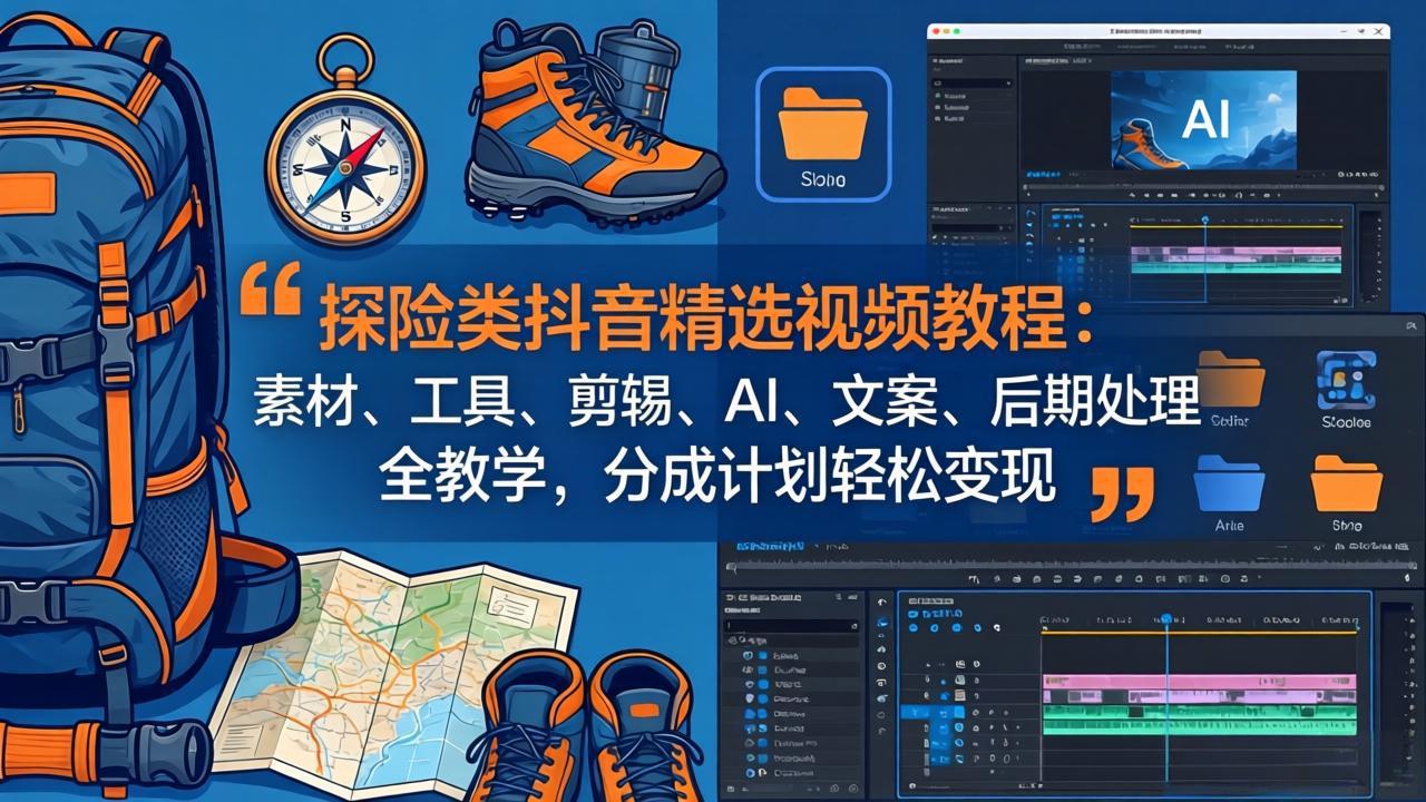（17994期）探险类抖音精选视频教程：素材、工具、剪辑、AI、文案、后期处理全教学，分成计划轻松变现-齐力副业