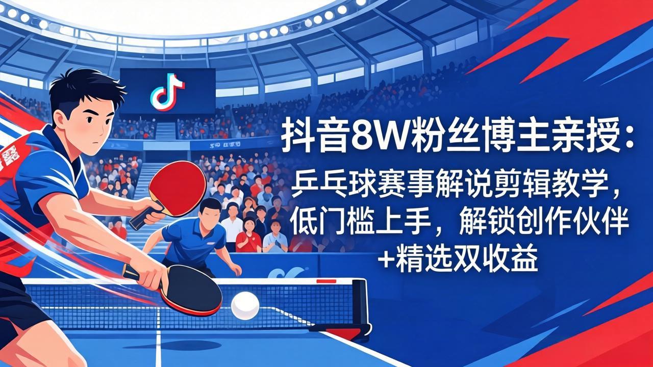 （18069期）抖音8W粉丝博主亲授：乒乓球赛事解说剪辑教学，低门槛上手，解锁创作伙伴+精选双收益-齐力副业