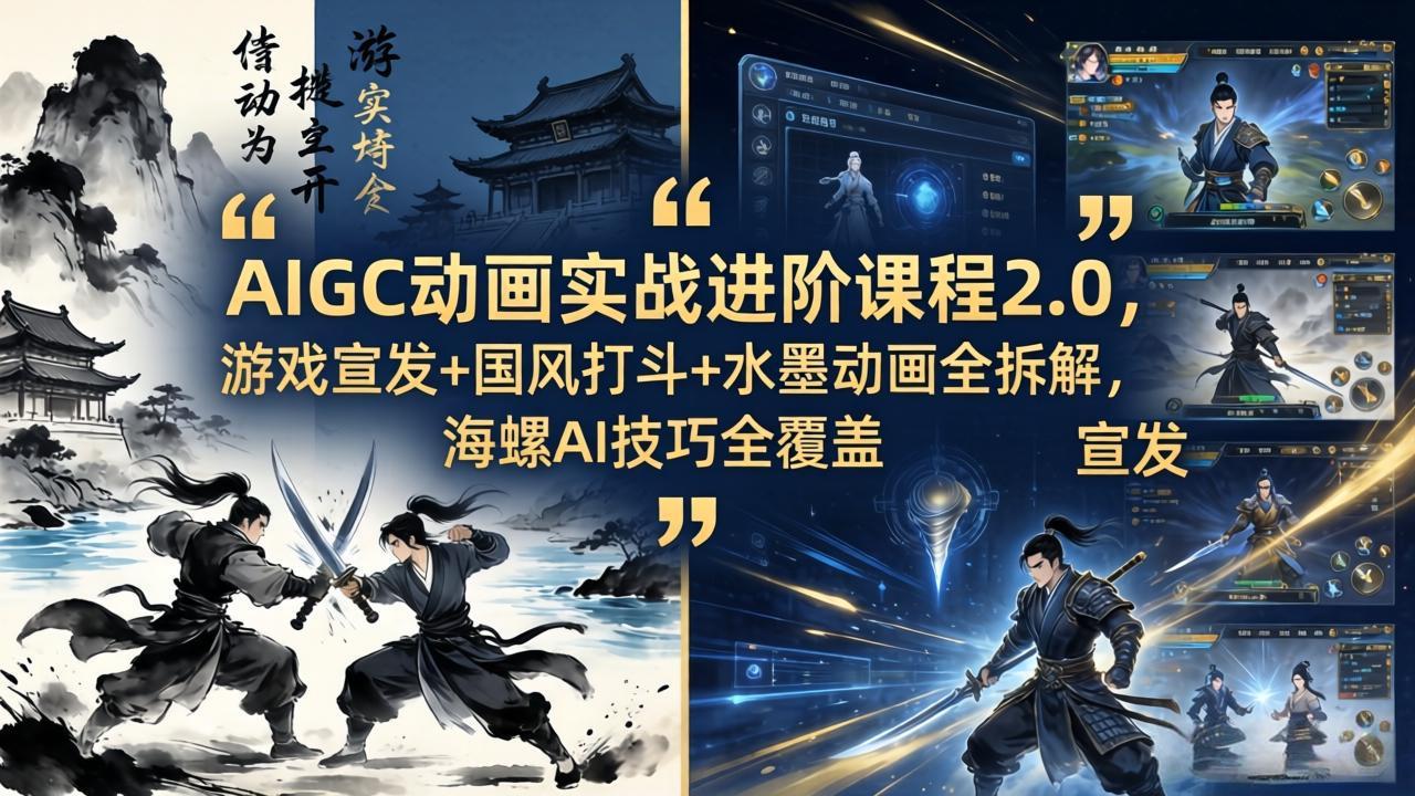 （18235期）AIGC动画实战进阶课程2.0，游戏宣发+国风打斗+水墨动画全拆解，海螺AI技巧全覆盖-齐力副业