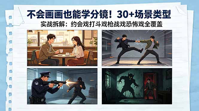 (18591期)不会画画也能学分镜!30+场景类型实战拆解:约会戏打斗戏枪战戏恐怖戏全覆盖-齐力副业