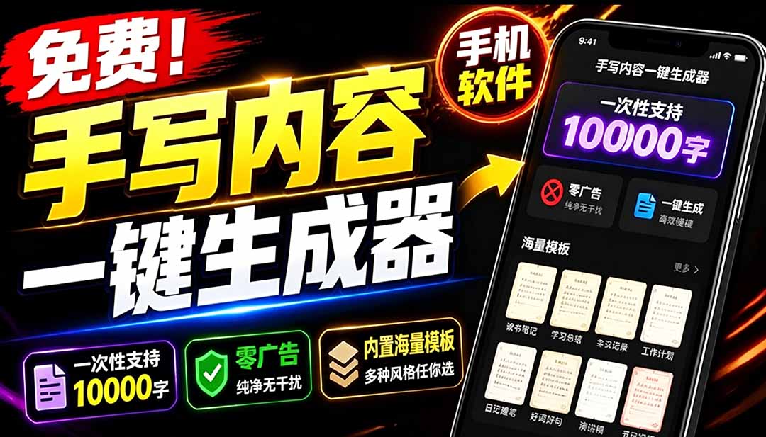 (18667期)超逼真手写字体一键生成器,纯免费离线运行,一次性支持10000字,零广告,内置海量模板-齐力副业
