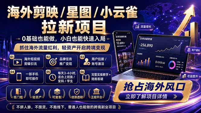 (18567期)海外剪映 / 星图 / 小云雀拉新项目 普通人也能上手的跨境流量变现副业-齐力副业