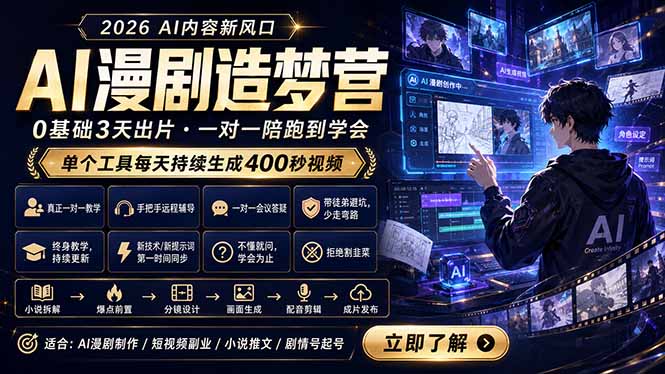 (18568期)AI漫剧造梦营:0基础3天出片,单个工具每天持续生成400秒视频-齐力副业