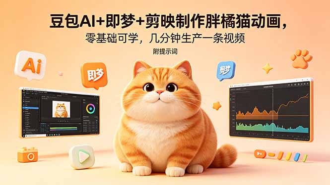 （18431期）豆包AI+即梦+剪映制作胖橘猫动画，零基础可学，几分钟生产一条视频，附提示词-齐力副业