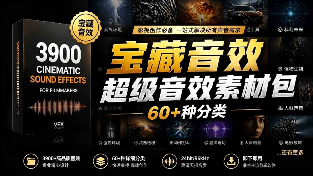 (18660期)宝藏音效合集包!60+多种音效分类,共计3900个,分类清晰,全中文分类,高品质剪辑音效素材包-齐力副业