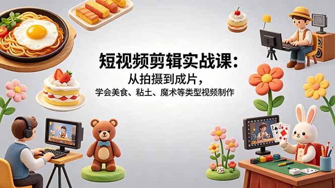 （18375期）短视频剪辑实战课：从拍摄到成片，学会美食、粘土、魔术等类型视频制作-齐力副业