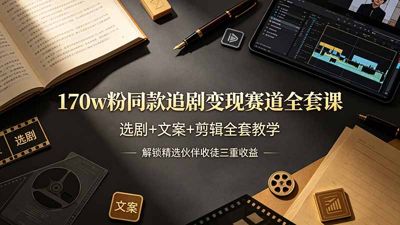 （19123期）170w粉博主同款追剧变现赛道全套课，选剧+文案+剪辑全套教学，解锁精选伙伴收徒三重收益-齐力副业