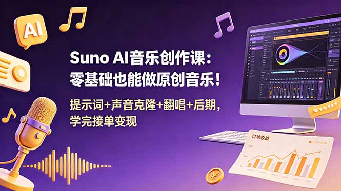 (18945期) Suno AI音乐创作课:零基础也能做原创音乐!提示词+声音克隆+翻唱+后期,学完接单变现-齐力副业
