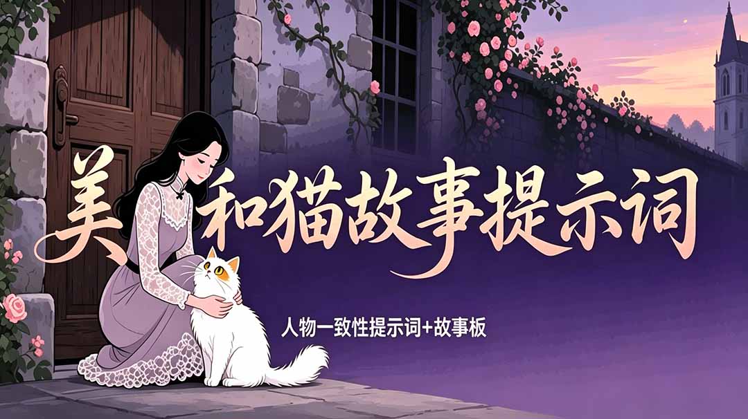 (18909期)美女和猫故事提示词,人物一致性提示词+故事板-齐力副业