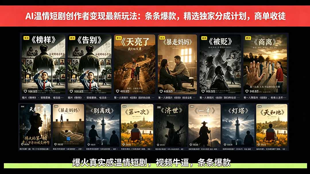 （18748期）AI温情短剧创作者变现最新玩法：视频牛逼，条条爆款，精选独家分成计划，商单收徒-齐力副业