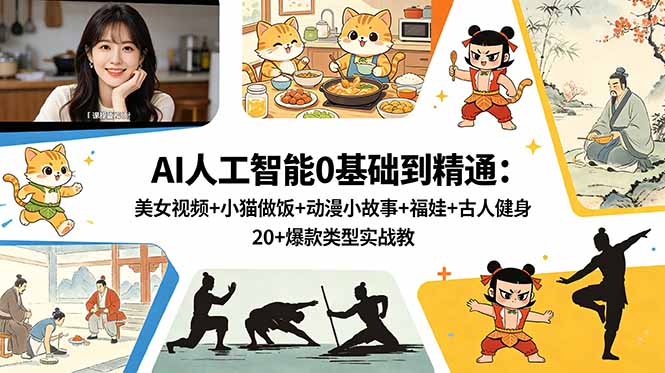 (18685期)AI人工智能0基础到精通:美女视频+小猫做饭+动漫小故事+福娃+古人健身,20+爆款类型实战教学-齐力副业
