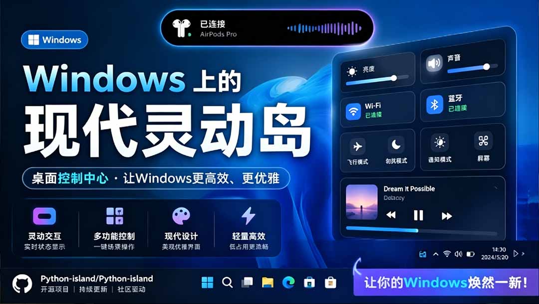 （19104期）Windows也能拥有桌面灵动岛！现代化的系统控制中心，让你的电脑多个黑刘海，PyIsland-齐力副业