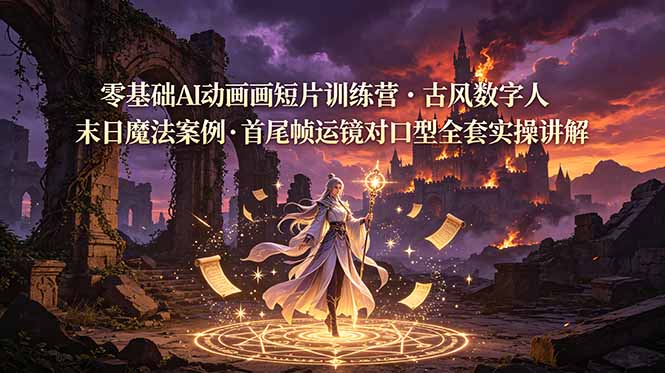 （19078期）零基础AI动画短片训练营，古风数字人末日魔法案例，首尾帧运镜对口型全套实操讲解-齐力副业